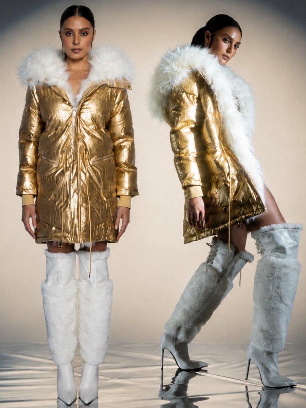 💋HOT ITEM!💋 METALLIC GOLD CROC EMBOSSED FAUX LEATHER & FAUX FOX FUR PAFFER